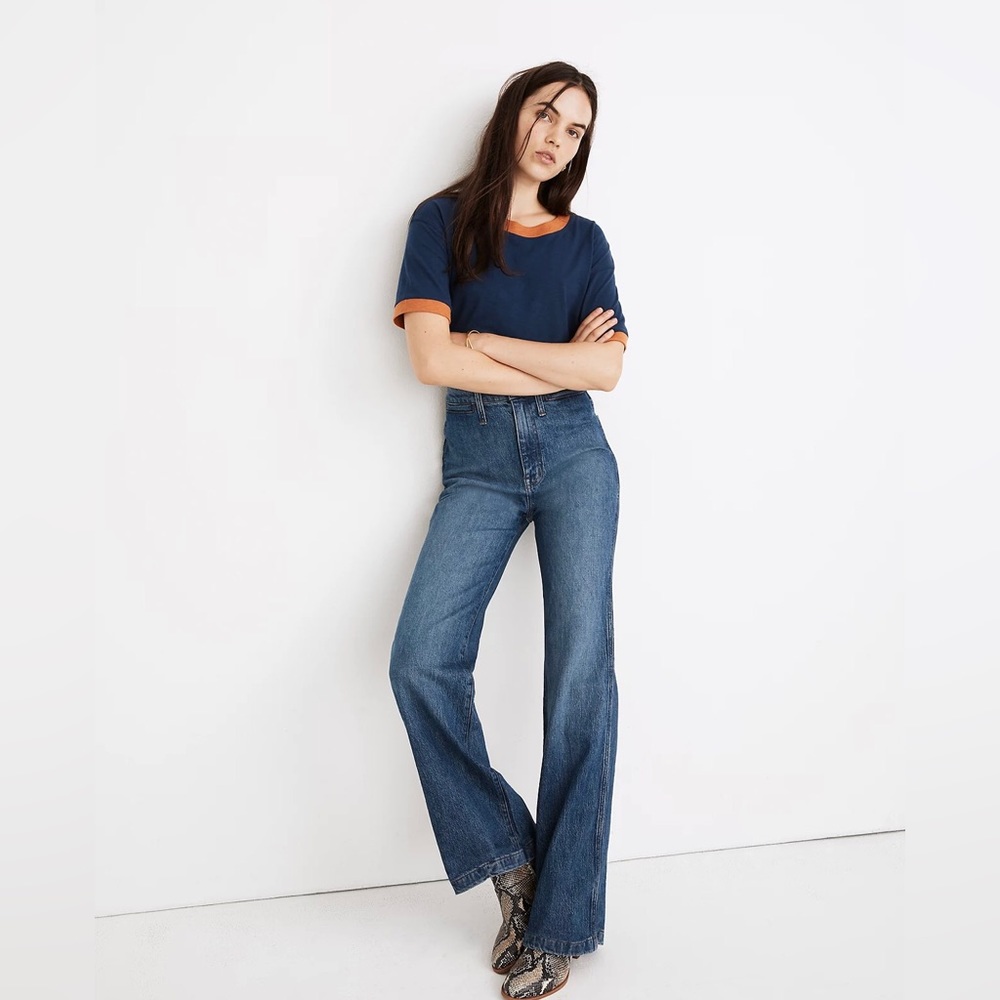 Madewell 11" High-Rise Flare Jeans in Mersey Wash Welt Pocket